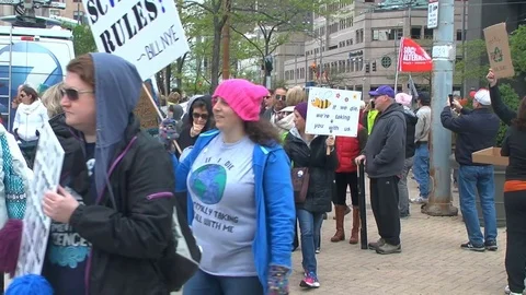 March for Science demonstrators disperse at the end of a march Stock Footage 74776252