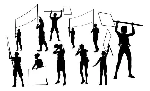 March Strike Rally Picket Protestor Silhouettes Stock Illustration