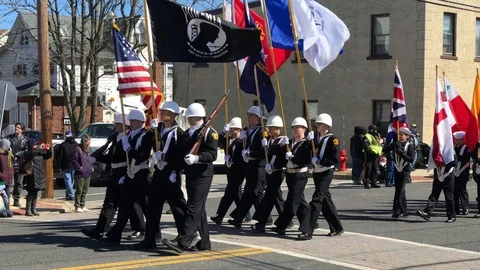 Marchers at the start of a Parade Stock Footage 87575932