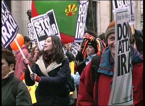 Marching and Dancing at Anti-War Protest London  15th Feb 2003 Stock Footage 238028932