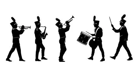 Marching Band in Action Silhouettes, Vector Pack of Six Stockillustratie