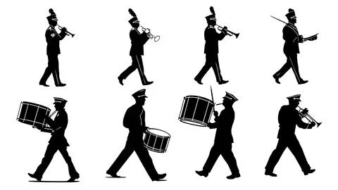 Marching Band in Action Silhouettes, Vector Pack of Six イラスト素材