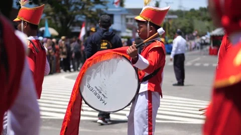 Marching band boy walk in a row Stock Footage 218044708