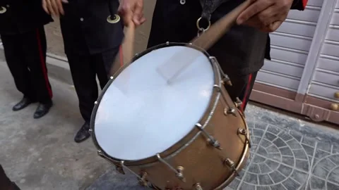 Marching Band Drummer Playing Traditional Drum at Wedding Celebration Видео 343608770