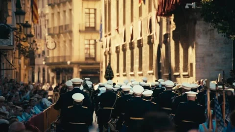 Marching Band Parade in Front of Palacio de la Generalitat, Valencia Stock Footage 348706726