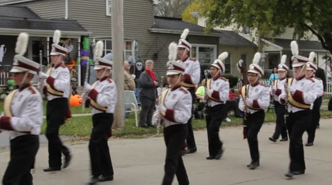 A Marching Band Performs in a Small Town Parade Stock Footage 52235109