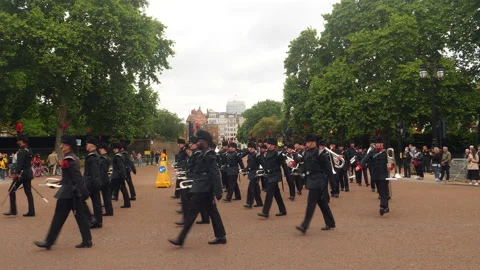 Marching band on their way to Buckingham Palace. London, England. Stock Footage 201469578