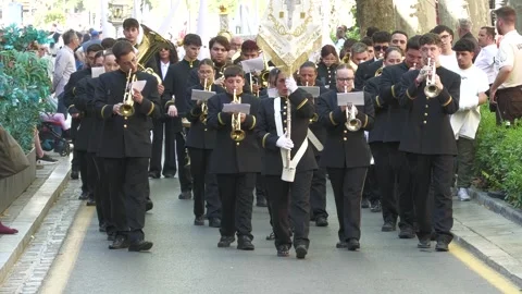 Marching Brass Band During Semana Santa in Granada Spain Stock Footage 336007640