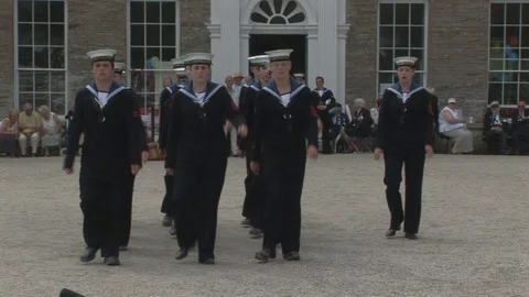 Marching British sea cadets at the Boconnoc House Lostwithiel, Cornwall, UK Stock Footage 106097917