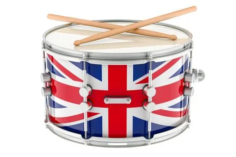 Marching drum with British flag, snare drum with drumsticks. 3D rendering Stock Illustration