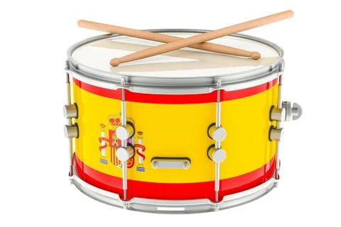 Marching drum with Spanish flag, snare drum with drumsticks. 3D rendering Illustrazione stock