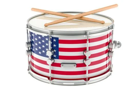 Marching drum with the USA flag, snare drum with drumsticks. 3D rendering Stock Illustration