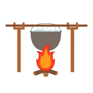 Marching hunting kettle kettle boiling water. Fire burning firewood. Stock Illustration