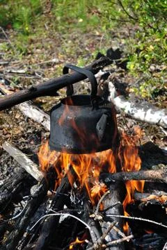 Marching kettle on the bonfire in the woods Stock Photos