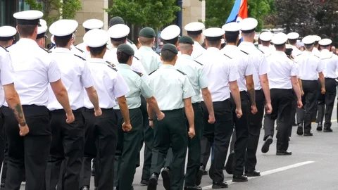 Marching Parade Soliders World War Commemorate Tribute, Navy Armed Forces March Stock Footage 107429590