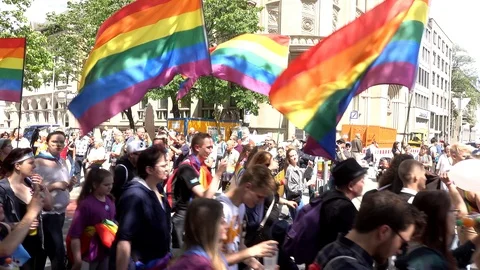 Marching people at the CSD Parade in Hanover Stock Footage 109448231