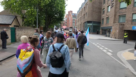 Marching in the pride parade behind people wearing pride flags Stock Footage 338016476