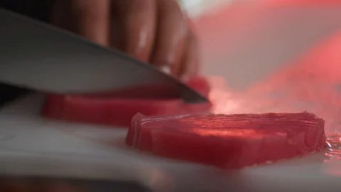 Marco chef cutting fresh meat raw lunch condiment preparation beef board cooking Stock Footage 103291444