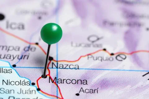 Marcona pinned on a map of Peru Foto stock