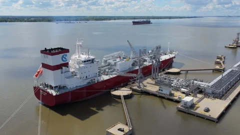 Marcus Hook, PA - September 7, 2026: Clipper Eirene tanker docked at terminal Video stock 345979002
