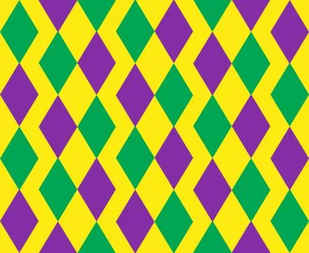 Mardi Gras abstract geometric pattern. Purple, yellow, green rhombus repeating Stock Illustration