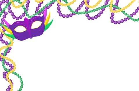 Mardi Gras beads colored frame with a mask, isolated on white background. V.. Stock Illustration