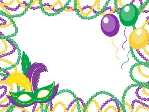 Mardi Gras beads colored frame with a mask and balloons, isolated on white .. Stock Illustration
