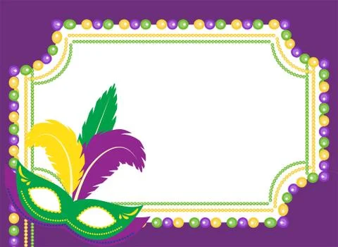 Mardi Gras beads colored frame with a mask, isolated on white background Stock-Illustration