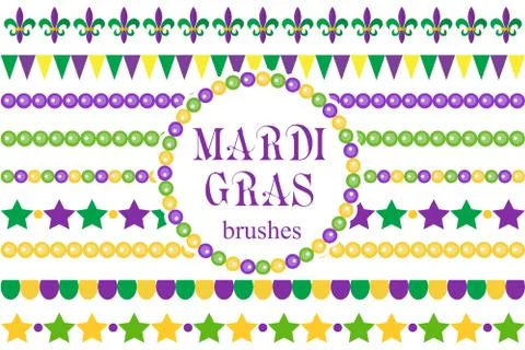 Mardi Gras borders set . Cute beads, fleur de lis ornaments, garland. Isola.. Stock-Illustration