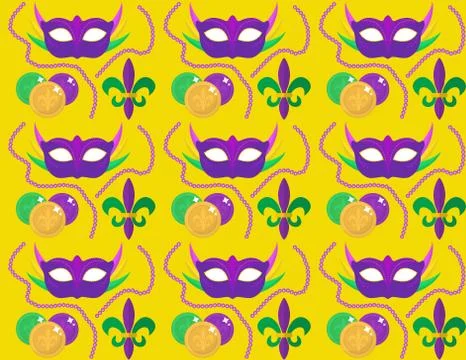 Mardi Gras Carnival seamless pattern with mask feathers, beads.   endless b.. Stock Illustration