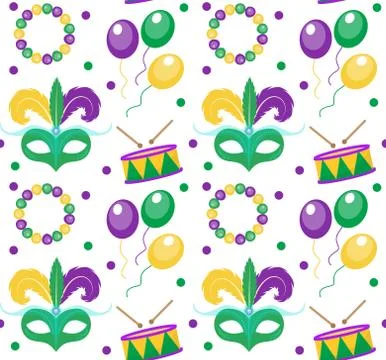 Mardi Gras Carnival seamless pattern with mask feathers, beads.   endless b.. Stock Illustration