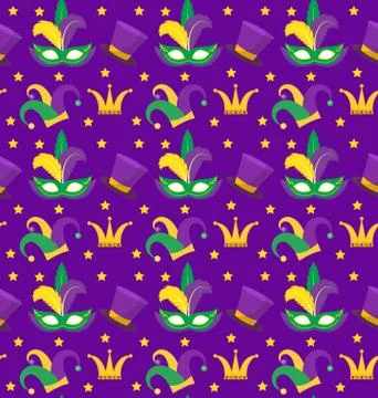 Mardi Gras Carnival seamless pattern with mask feathers, crown, clown hat. .. Stock Illustration