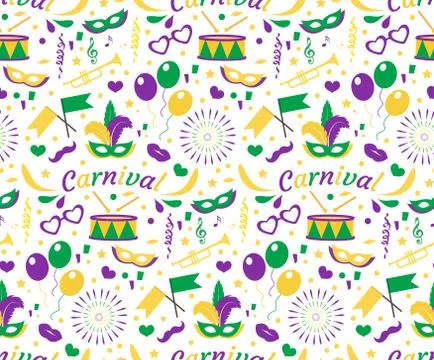 Mardi Gras Carnival seamless pattern with mask feathers, beads. Fat Tuesday Stock Illustration