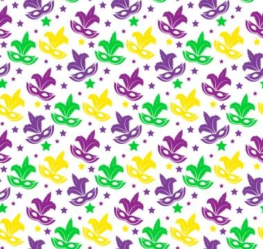 Mardi Gras Carnival seamless pattern with mask feathers. Endless background Stock Illustration