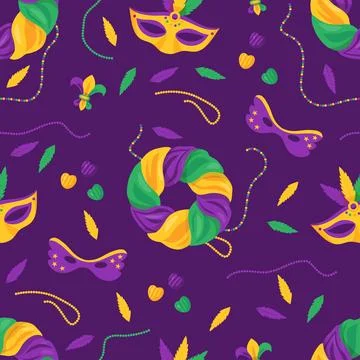 Mardi Gras carnival seamless pattern. Festive King Cake with colorful icing Stock Illustration