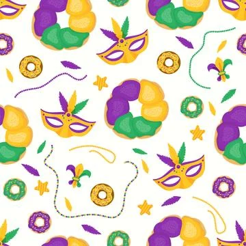 Mardi Gras carnival seamless pattern. Festive King Cake and donuts with col.. 스톡 일러스트