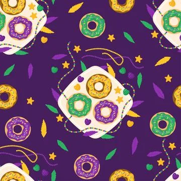 Mardi Gras carnival seamless pattern. Festive traditional King Cake with 스톡 일러스트