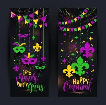Mardi Gras colored vertical banners set with a mask and fleur-de-lis, isolated Stock-Illustration