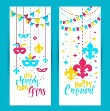 Mardi Gras colored vertical banners set with a mask and fleur-de-lis, isolate Stock-Illustration