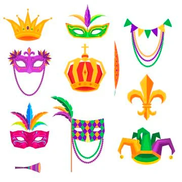 Mardi Gras Colorful Decorative Elements on White Stock Illustration
