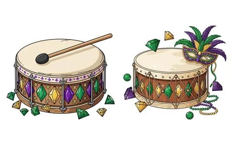 Mardi Gras Drum Vector with Masquerade Mask and Gems Illustrazione stock