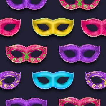 Mardi Gras endless pattern. Venetian painted Carnival Mask collection Stock Illustration