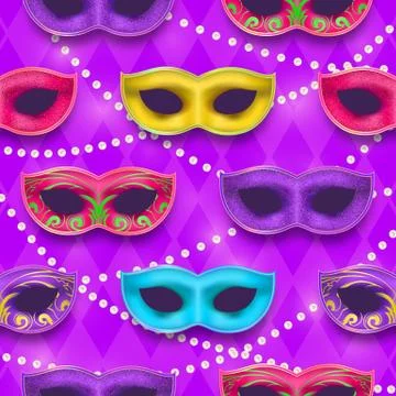Mardi Gras endless pattern. Venetian painted Carnival Mask collection Stock Illustration