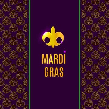 Mardi Gras fleur de lis gold logo with text on vertical banner. Holiday poste Stock Photos
