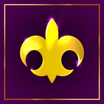 Mardi Gras fleur de lis gold logo icon on dark purple background with simple  Stock Photos