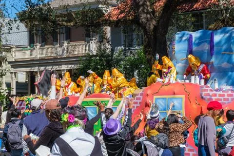 Mardi Gras Float Riders Toss Beads into the Crowd in New Orleans Stock Photos