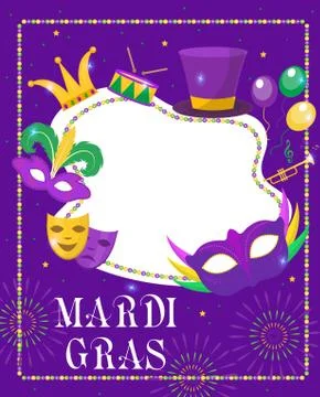 Mardi Gras frame template with space for text. Mardi Gras Carnival poster, flyer Stockillustratie
