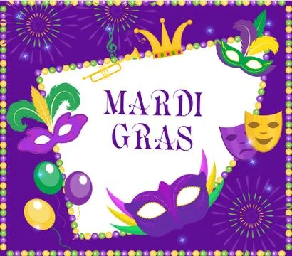 Mardi Gras frame template with space for text. Mardi Gras Carnival poster, flyer Stock Illustration