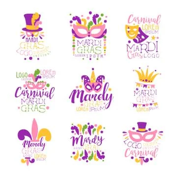 Mardi Gras logo set original design, hand drawn colorful vector Illustrations Stock-Illustration