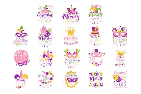 Mardi Gras logo set original design, hand drawn colorful vector Illustrations Stock-Illustration